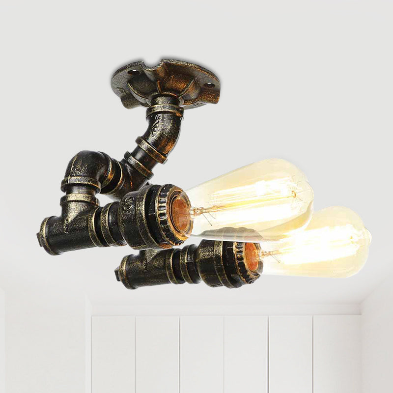 Bronze Industrial Semi Flush Light Fixture With Bare Bulb Design / F