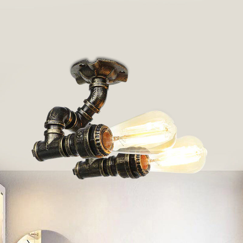 Bronze Industrial Semi Flush Light Fixture with Bare Bulb Design