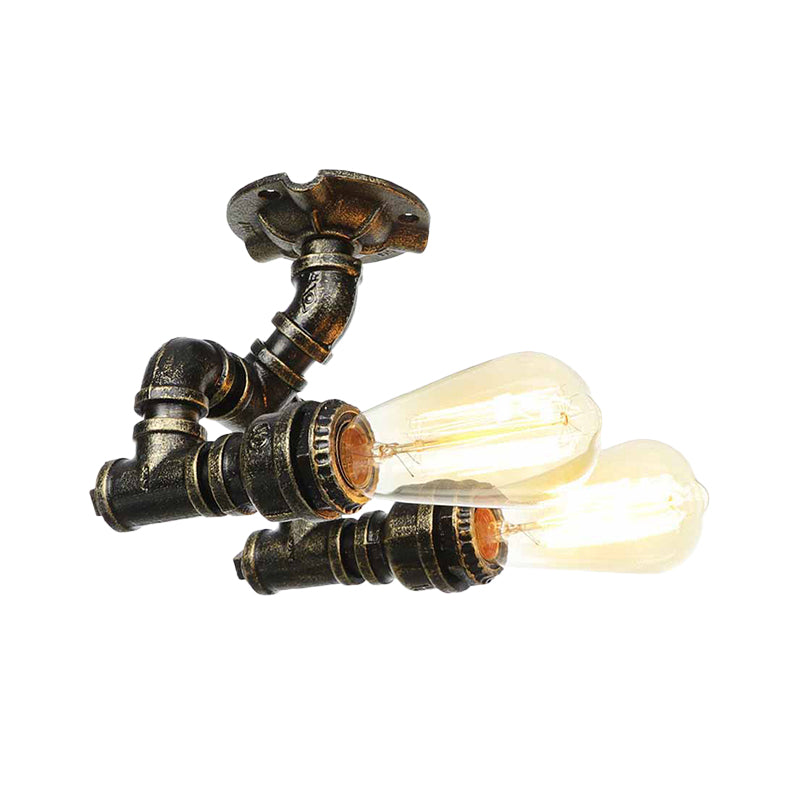 Bronze Industrial Semi Flush Light Fixture with Bare Bulb Design