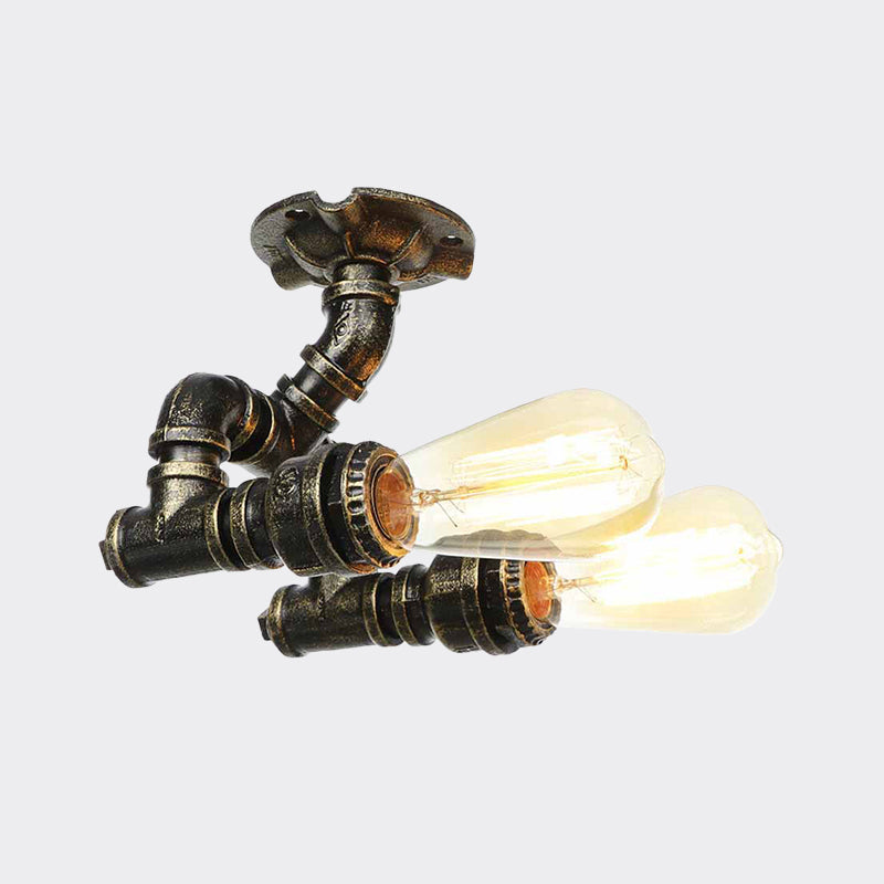 Bronze Industrial Semi Flush Light Fixture with Bare Bulb Design