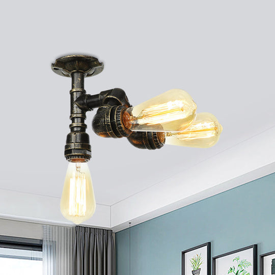 Semi Flush Mount Industrial Bare Bulb Ceiling Lighting in Bronze (3/4-Light Iron Flush)