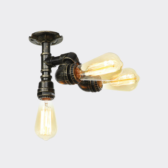 Semi Flush Mount Industrial Bare Bulb Ceiling Lighting in Bronze (3/4-Light Iron Flush)