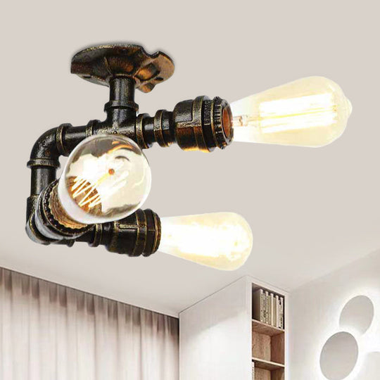 Semi Flush Mount Industrial Bare Bulb Ceiling Lighting in Bronze (3/4-Light Iron Flush)