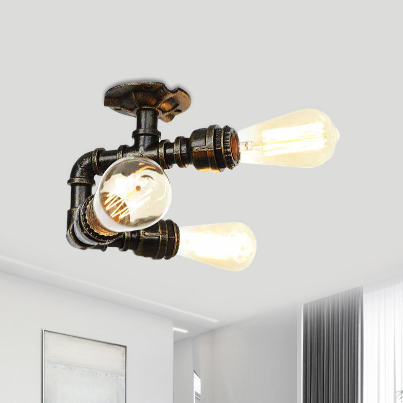 Semi Flush Mount Industrial Bare Bulb Ceiling Lighting in Bronze (3/4-Light Iron Flush)