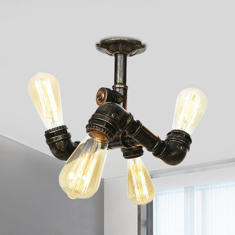 Semi Flush Mount Industrial Bare Bulb Ceiling Lighting in Bronze (3/4-Light Iron Flush)