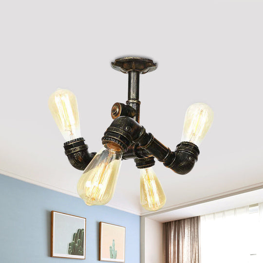 Semi Flush Mount Industrial Bare Bulb Ceiling Lighting in Bronze (3/4-Light Iron Flush)