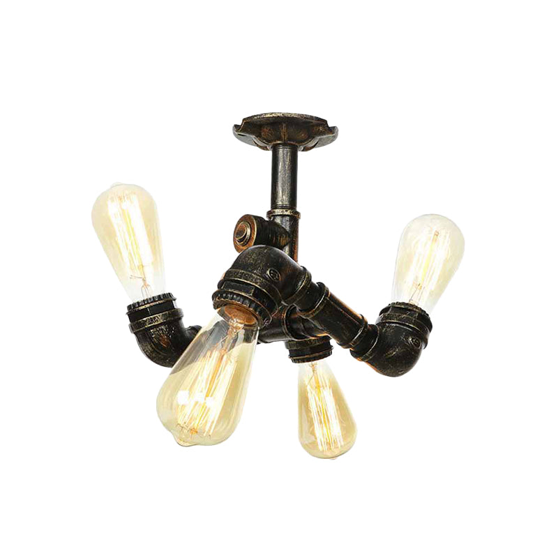 Semi Flush Mount Industrial Bare Bulb Ceiling Lighting in Bronze (3/4-Light Iron Flush)