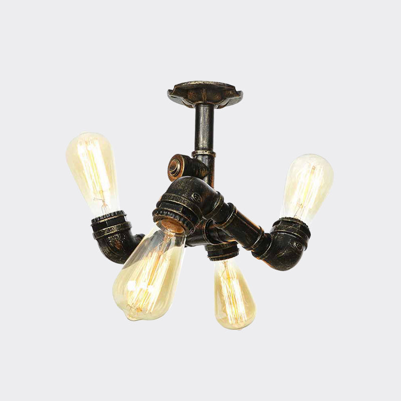 Semi Flush Mount Industrial Bare Bulb Ceiling Lighting in Bronze (3/4-Light Iron Flush)