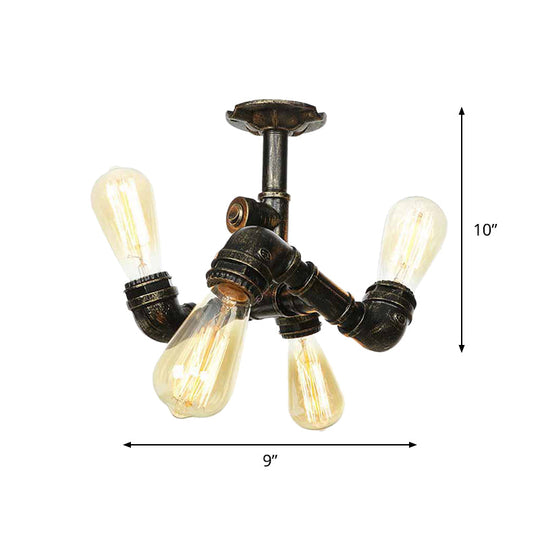 Semi Flush Mount Industrial Bare Bulb Ceiling Lighting in Bronze (3/4-Light Iron Flush)