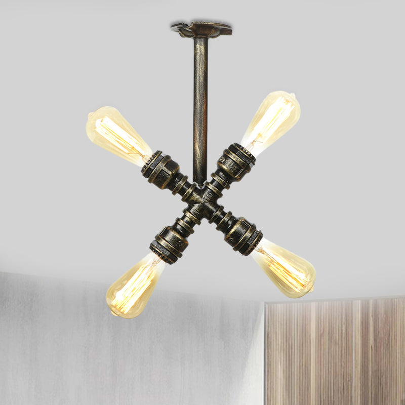 Semi Flush Mount Industrial Bare Bulb Ceiling Lighting in Bronze (3/4-Light Iron Flush)