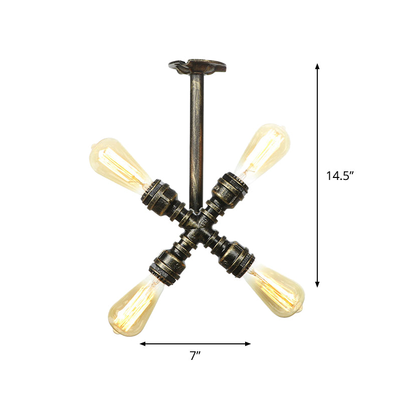 Semi Flush Mount Industrial Bare Bulb Ceiling Lighting in Bronze (3/4-Light Iron Flush)