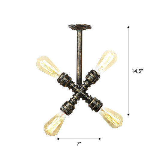 Semi Flush Mount Industrial Bare Bulb Ceiling Lighting in Bronze (3/4-Light Iron Flush)