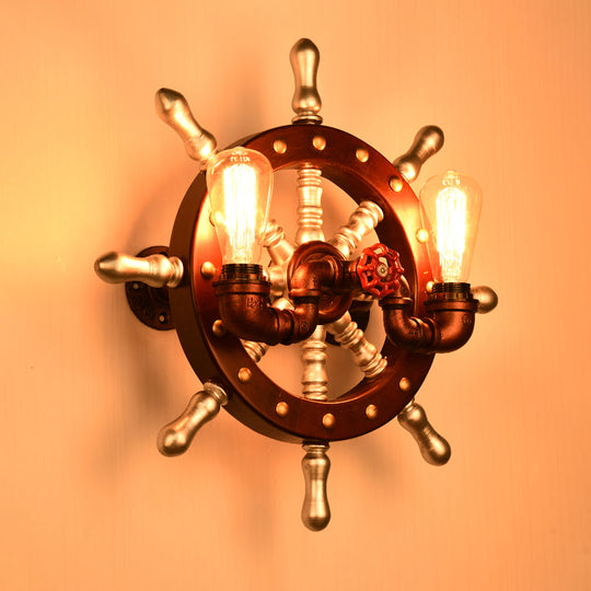 Vintage Copper Metal Rudder Wall Sconce With 2 Lights - Bedroom Mount Lamp Fixture