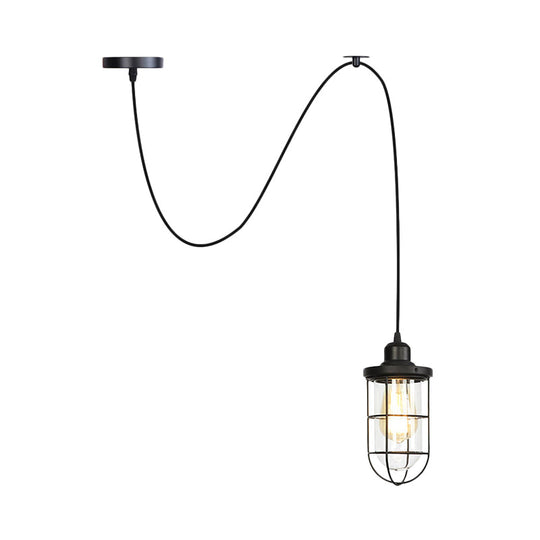 Antiqued Cage Pendant Light with Clear Glass and Adjustable Cord - Black Finish