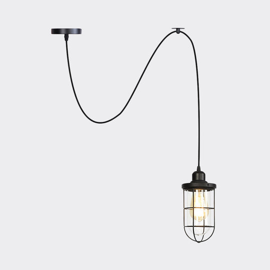 Antiqued Cage Pendant Light with Clear Glass and Adjustable Cord - Black Finish