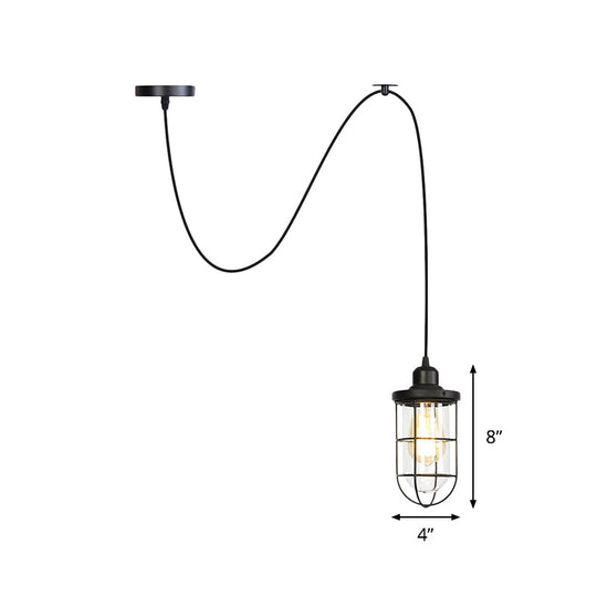 Antiqued Cage Pendant Light with Clear Glass and Adjustable Cord - Black Finish