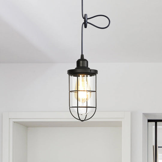 Antiqued Cage Pendant Lamp With Adjustable Cord - Black Finish Clear Glass Shade 1-Light Hanging