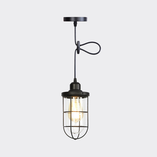 Antiqued Cage Pendant Light with Clear Glass and Adjustable Cord - Black Finish