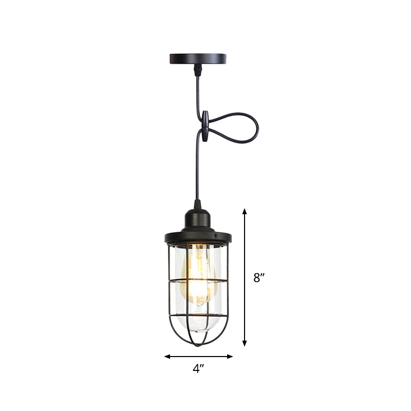 Antiqued Cage Pendant Light with Clear Glass and Adjustable Cord - Black Finish