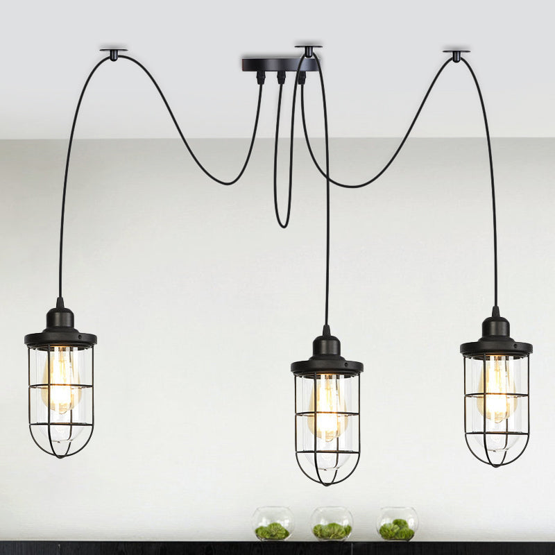 Industrial Black Caged Multi Ceiling Light - Clear Glass 2/3/6-Bulb Ideal For Restaurants Swag