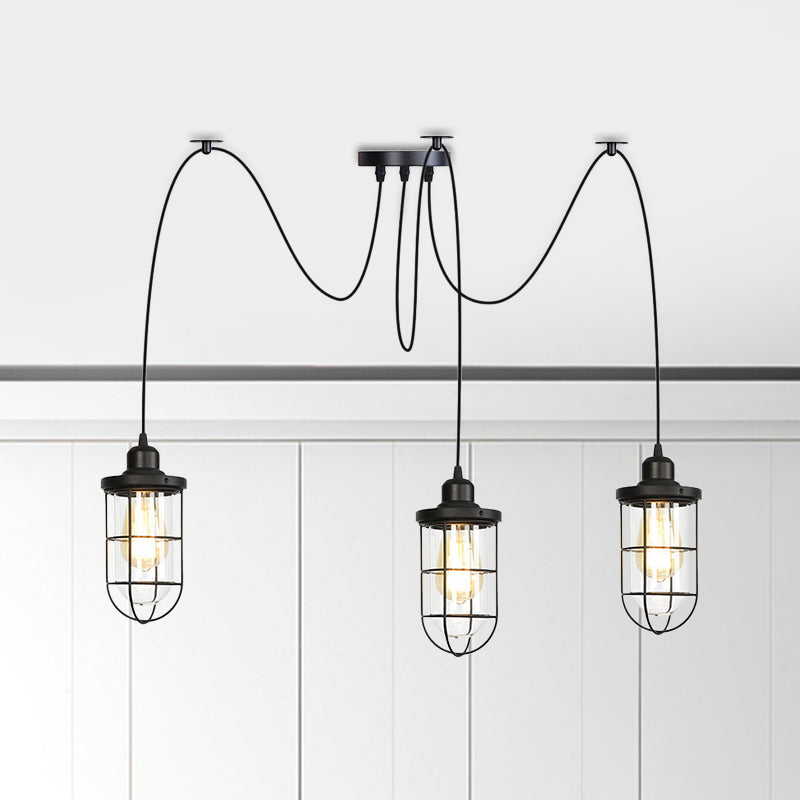 Industrial Black Caged Multi Ceiling Light - Clear Glass 2/3/6-Bulb Ideal For Restaurants Swag