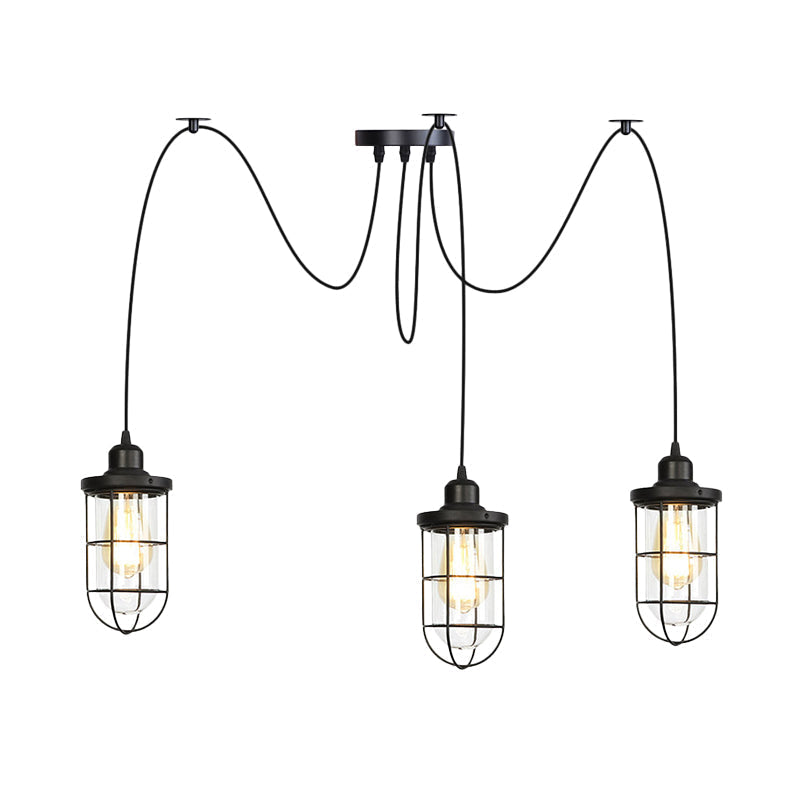 Industrial Black Caged Multi Ceiling Light - Clear Glass 2/3/6-Bulb Ideal For Restaurants Swag