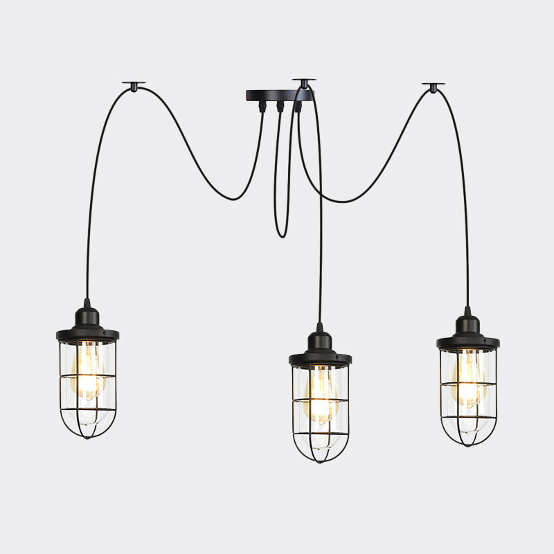 Industrial Black Caged Multi Ceiling Light - Clear Glass 2/3/6-Bulb Ideal For Restaurants Swag