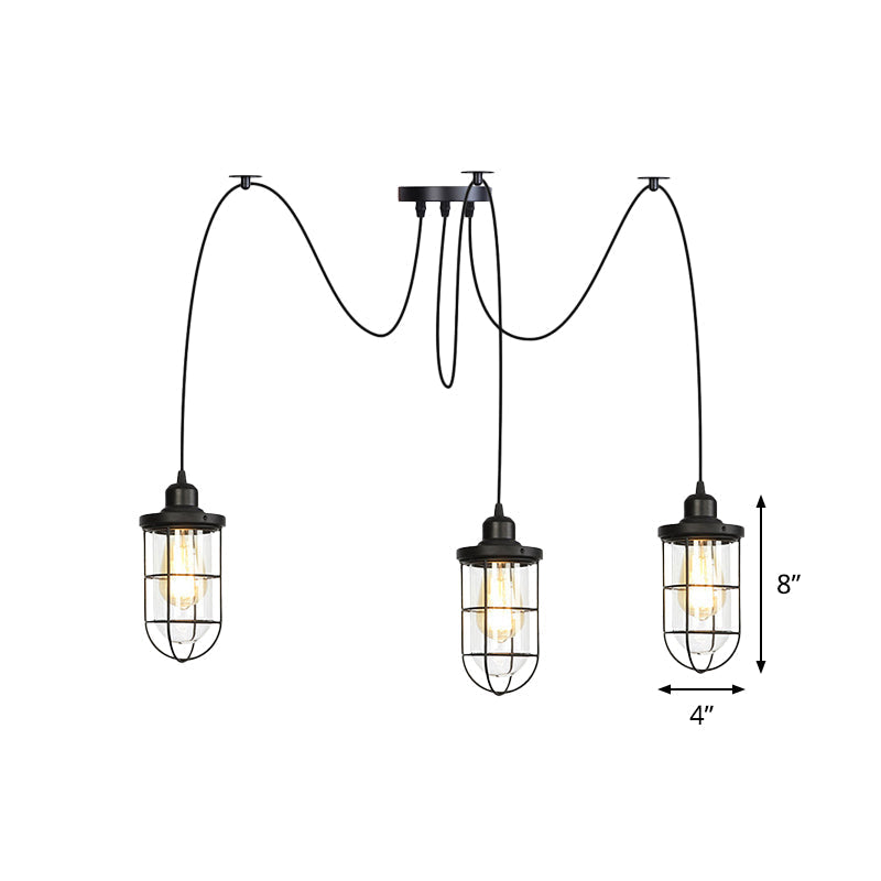 Industrial Black Caged Multi Ceiling Light - Clear Glass 2/3/6-Bulb Ideal For Restaurants Swag