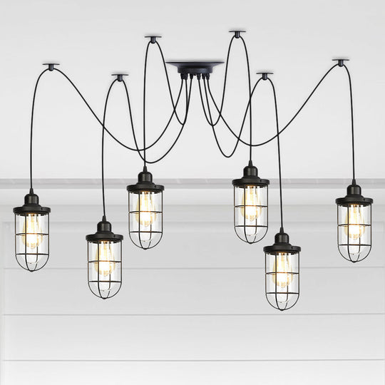 Industrial Black Caged Multi Ceiling Light - Clear Glass 2/3/6-Bulb Ideal For Restaurants Swag