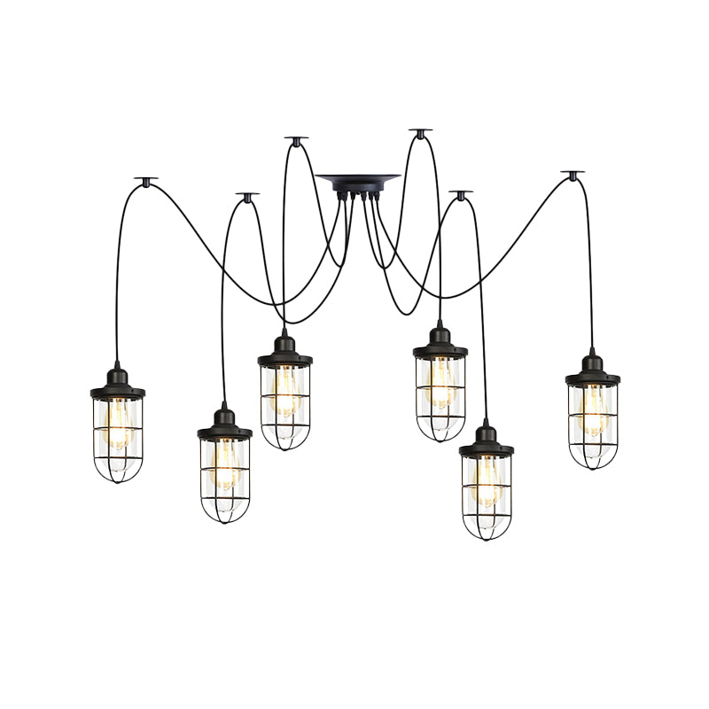 Industrial Black Caged Multi Ceiling Light - Clear Glass 2/3/6-Bulb Ideal For Restaurants Swag