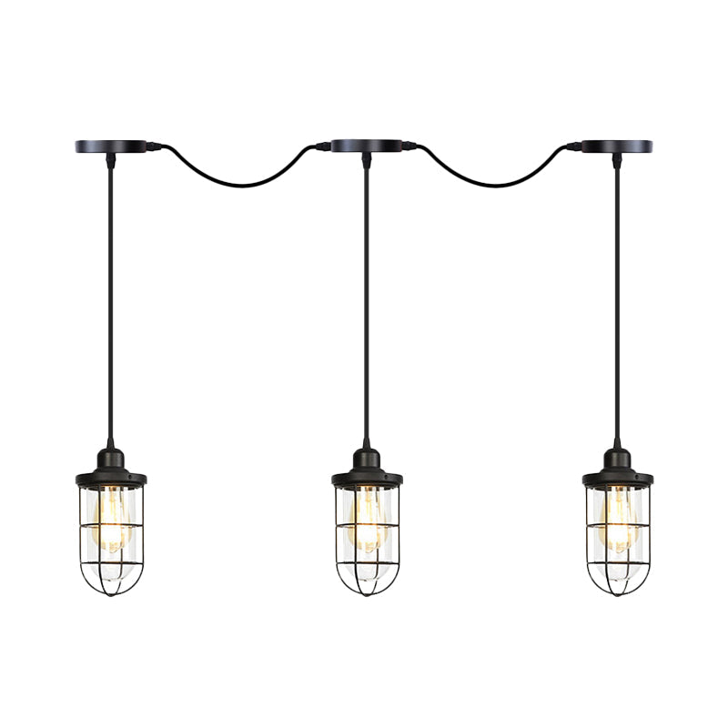 Black Multi-Light Chandelier | Farmhouse Style Clear Glass Cage Tandem Ceiling Lamp