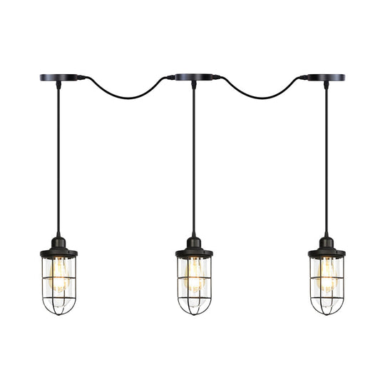 Black Multi-Light Chandelier | Farmhouse Style Clear Glass Cage Tandem Ceiling Lamp