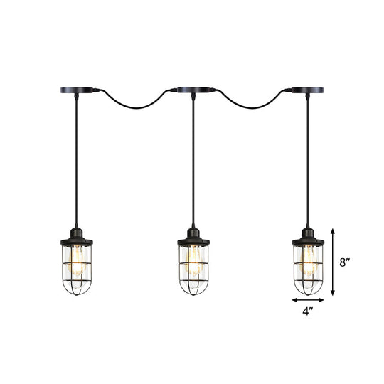 Black Multi-Light Chandelier | Farmhouse Style Clear Glass Cage Tandem Ceiling Lamp