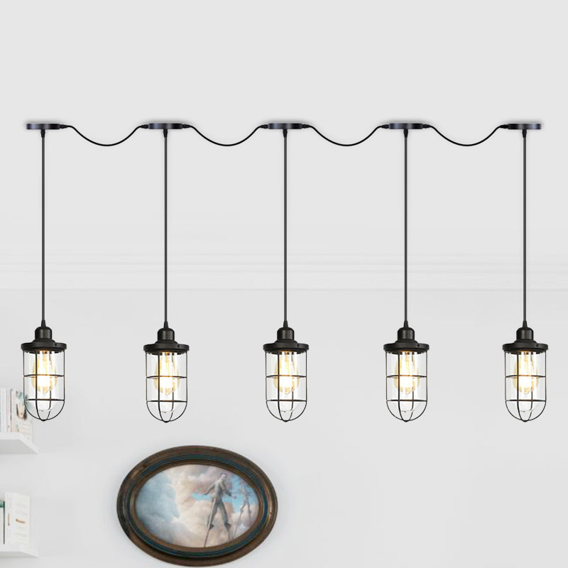 Minimalist Black Multi Light Chandelier with Clear Glass Cage - Farmhouse Tandem Ceiling Lamp