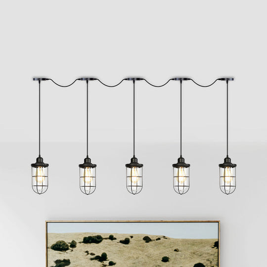 Minimalist Black Multi Light Chandelier with Clear Glass Cage - Farmhouse Tandem Ceiling Lamp