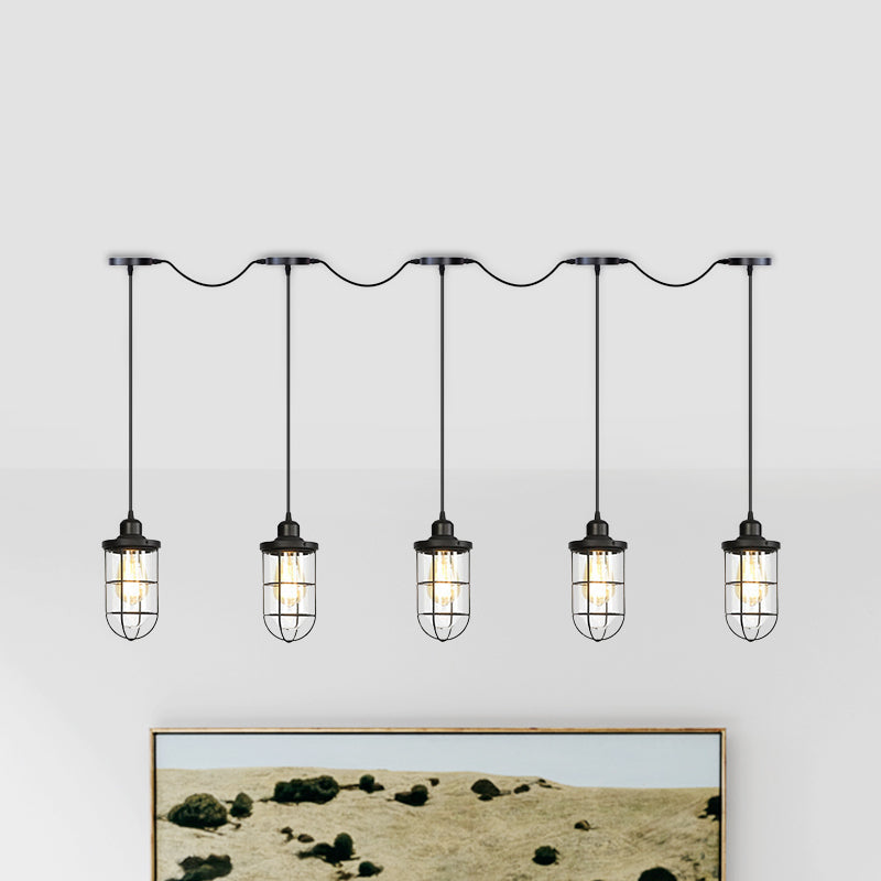 Black Multi-Light Chandelier | Farmhouse Style Clear Glass Cage Tandem Ceiling Lamp