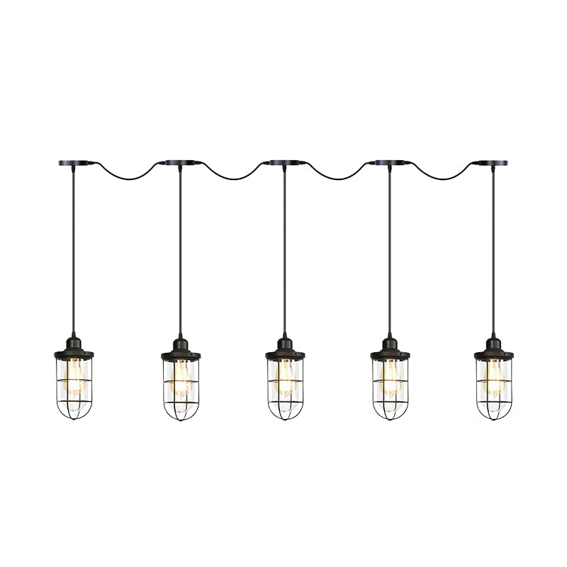 Minimalist Black Multi Light Chandelier with Clear Glass Cage - Farmhouse Tandem Ceiling Lamp