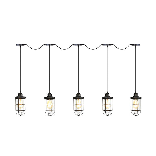 Black Multi-Light Chandelier | Farmhouse Style Clear Glass Cage Tandem Ceiling Lamp