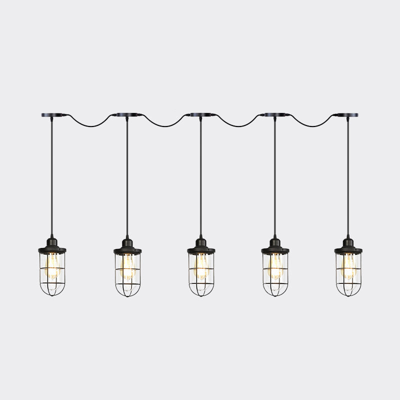 Black Multi-Light Chandelier | Farmhouse Style Clear Glass Cage Tandem Ceiling Lamp