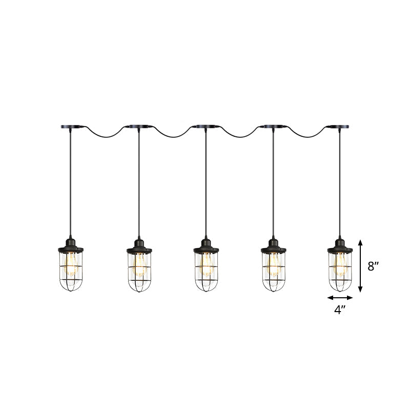 Black Multi-Light Chandelier | Farmhouse Style Clear Glass Cage Tandem Ceiling Lamp