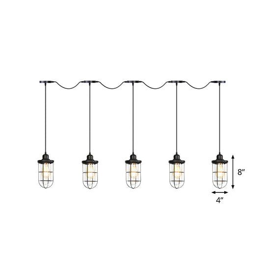 Black Multi-Light Chandelier | Farmhouse Style Clear Glass Cage Tandem Ceiling Lamp