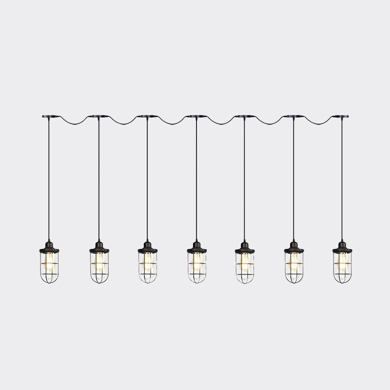 Black Multi-Light Chandelier | Farmhouse Style Clear Glass Cage Tandem Ceiling Lamp