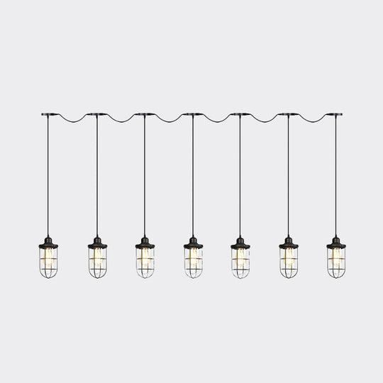 Black Multi-Light Chandelier | Farmhouse Style Clear Glass Cage Tandem Ceiling Lamp