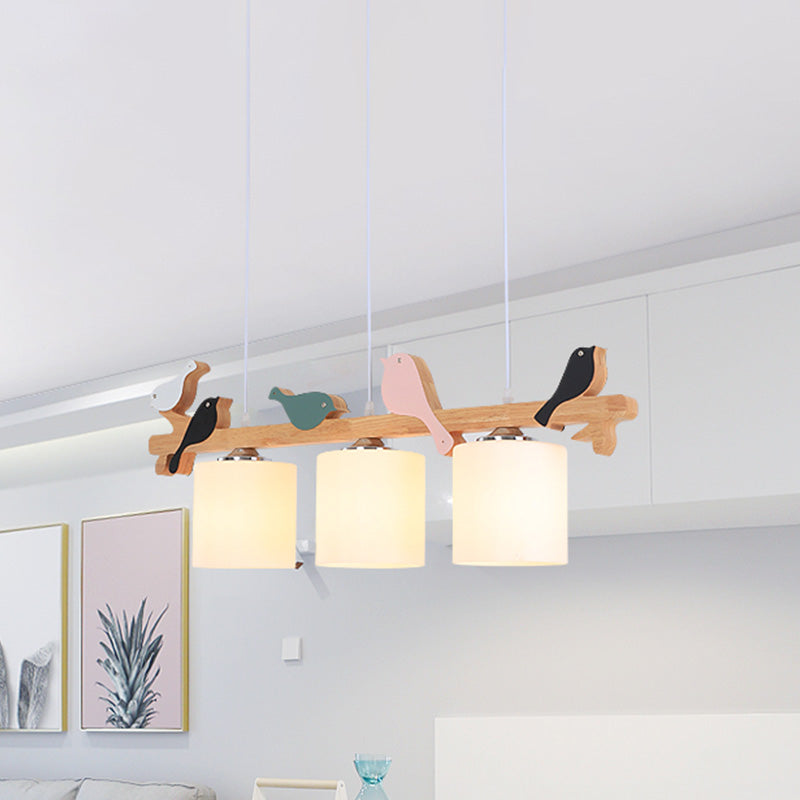 Modern Frosted Glass Pendant Light With Wood Accent - 2/3 Lights | Barrel Island Hanging Lamp Kit