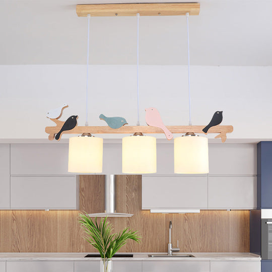 Modern Frosted Glass Pendant Light With Wood Accent - 2/3 Lights | Barrel Island Hanging Lamp Kit