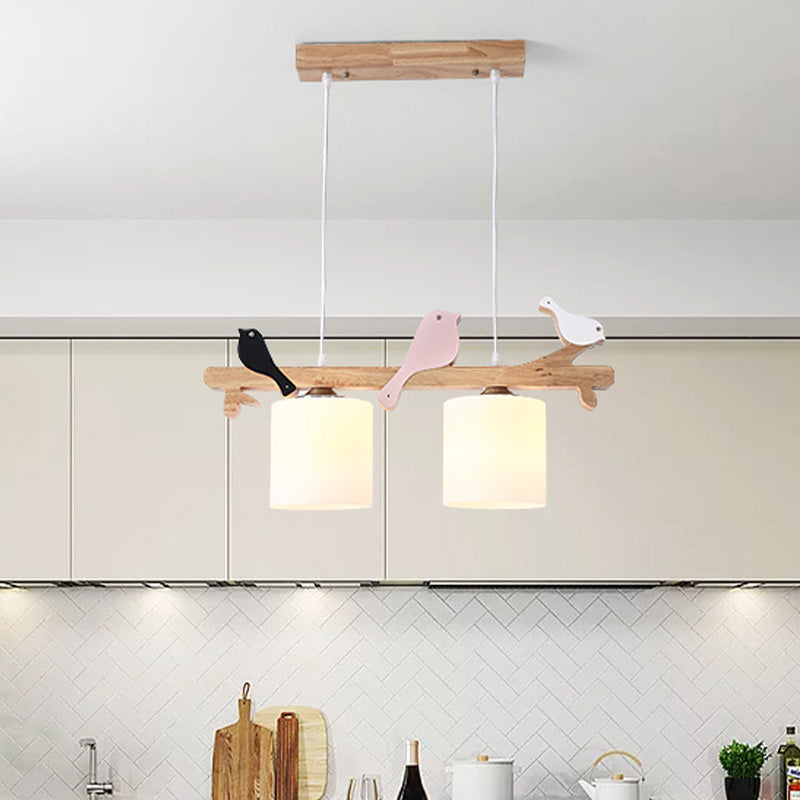 Modern Frosted Glass Pendant Light With Wood Accent - 2/3 Lights | Barrel Island Hanging Lamp Kit