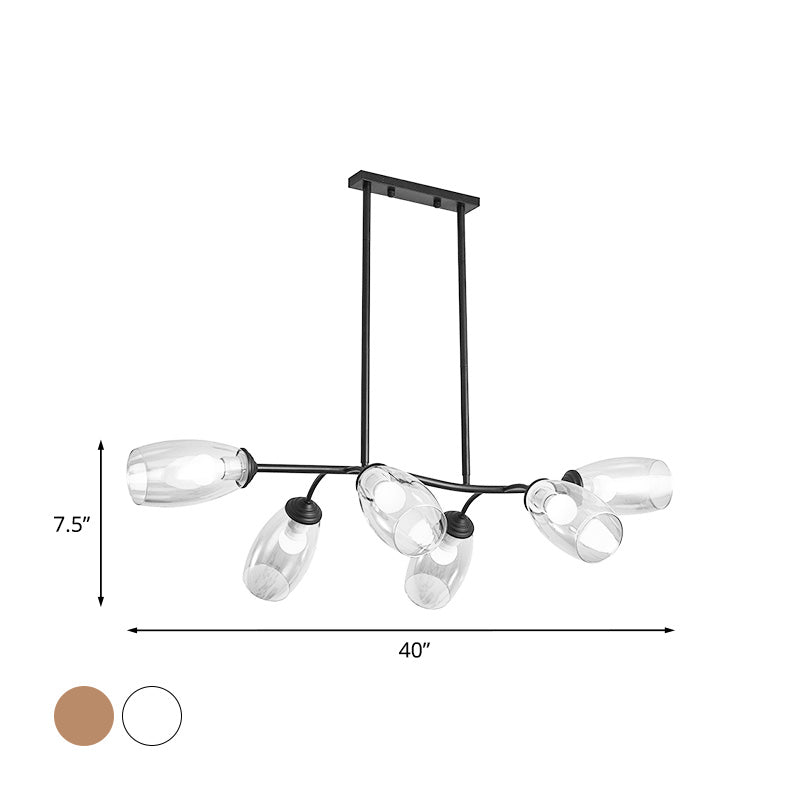 Modern Island Pendant Light With Clear/Amber Glass Shade And Black Branch Design - 6-Bulb Ceiling