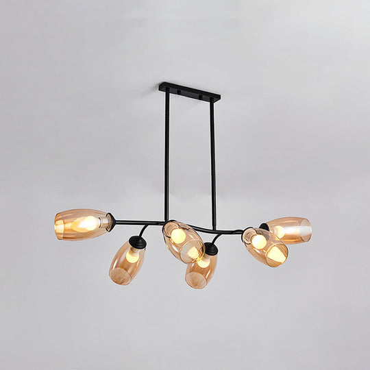 Modern Island Pendant Light With Clear/Amber Glass Shade And Black Branch Design - 6-Bulb Ceiling