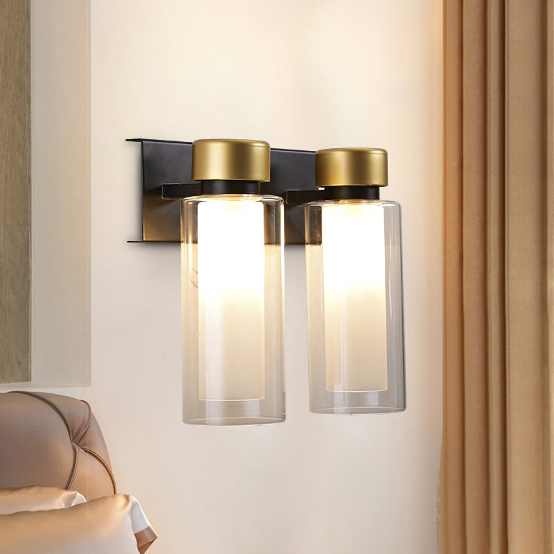 Modern Dual Cylinder Brass Sconce Light Fixture With Clear Glass - 2 Bulbs Led Wall Mount Lamp