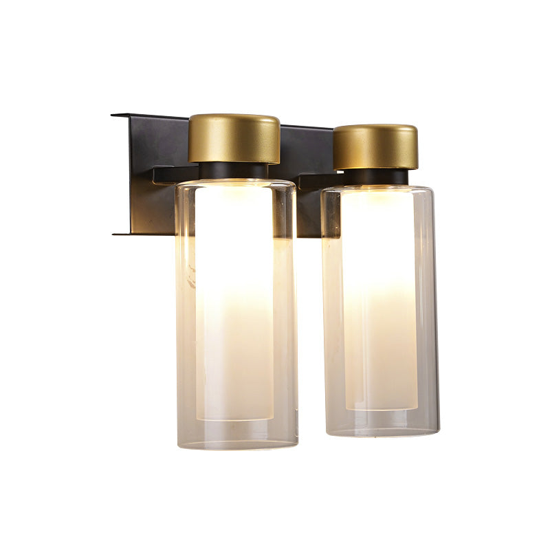 Modern Dual Cylinder Brass Sconce Light Fixture With Clear Glass - 2 Bulbs Led Wall Mount Lamp